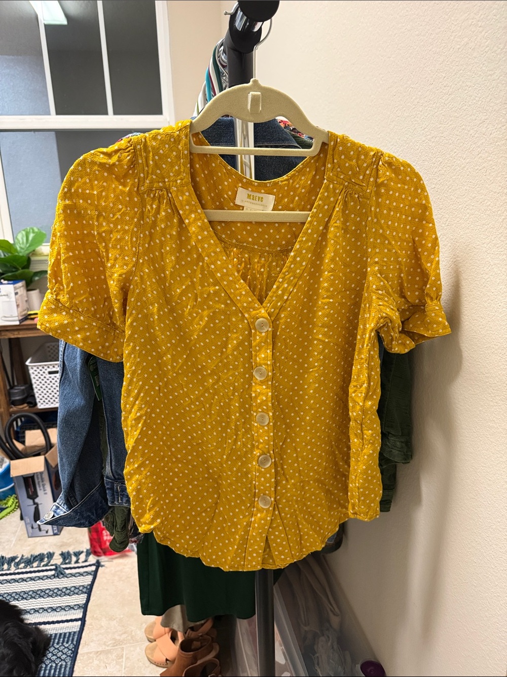 Maeve Mustard Yellow Dot Button-Front Blouse